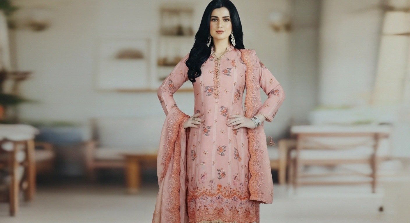Elegant soft half silk-inspired Pakistani dress-11116